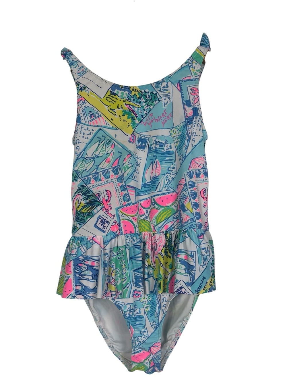 Lilly Pulitzer Girls Florida Postcard Wish Ruffle One Piece Swimsuit Size 6